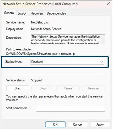 Changing the Startup type of Network Setup Services