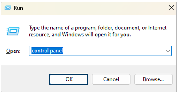 Control panel command in the run command panel 