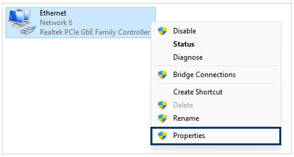 Internet connection properties on Windows 