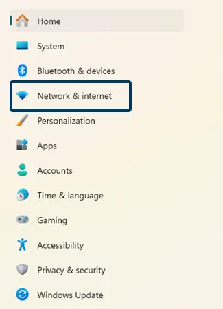 Network and Internet settings on Windows