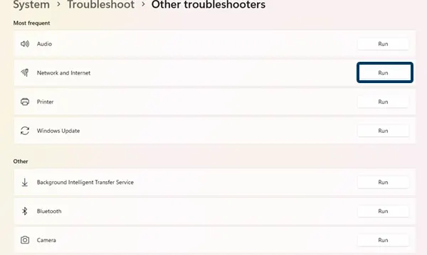 Network and Internet troubleshooter test