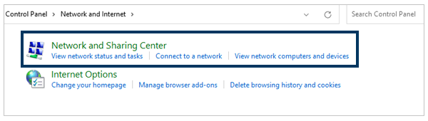 Network and Sharing Center option on Windows settings