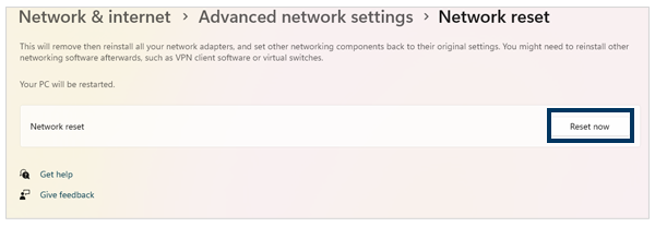 Network reset now button on Windows 11