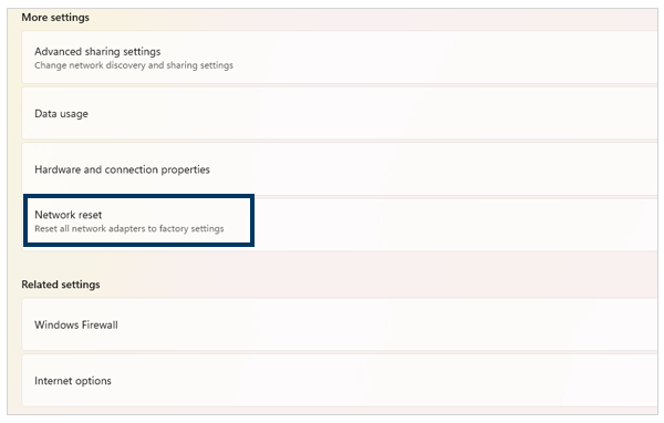 Network reset option on Windows 11
