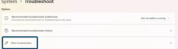 Other troubleshooter options on Windows 11
