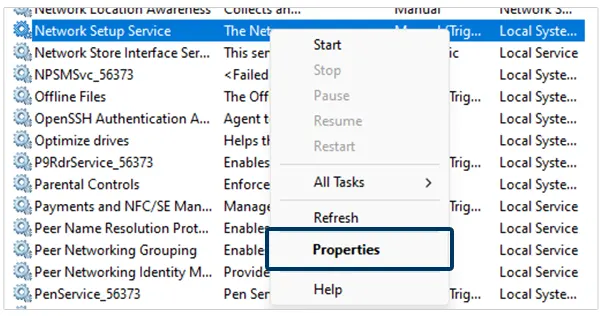 Properties of Network Setup Services on Windows