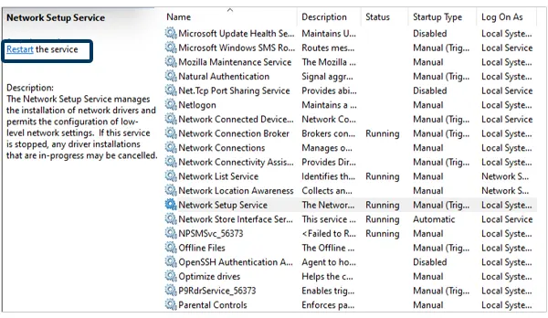 Restarting the Network Setup Services 