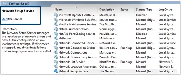 Starting Network Setup Services on Windows 