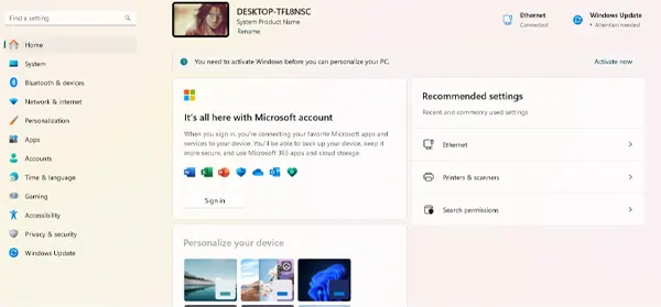 home page of settings on Window 11