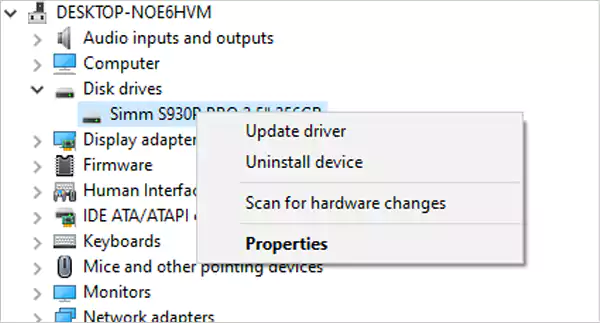 Choose from Update Driver or Uninstall Device