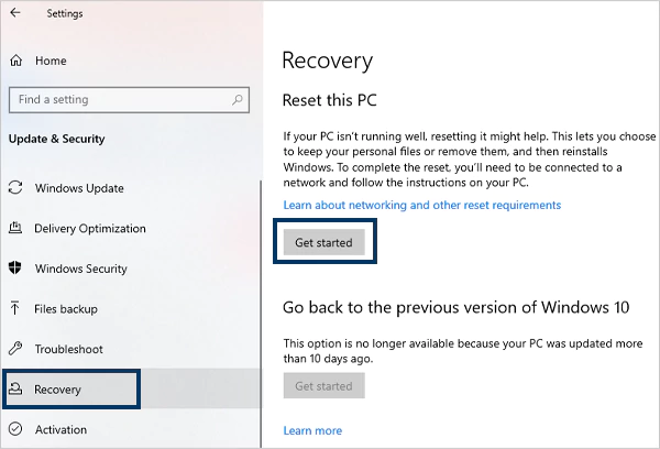 Select Recovery then click Get Started under Reset this PC